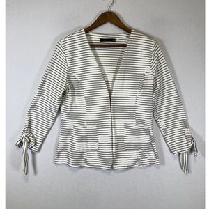Nautical Chic Doe & Rae Women Med White Black Striped Tie Sleeve Blazer Jacket